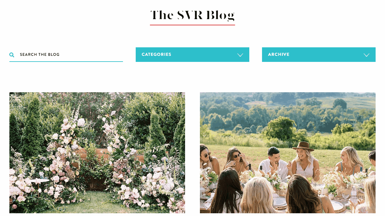 A GIF showing the categories and date dropdowns for filtering on the blog on the Something Vintage Rentals website.