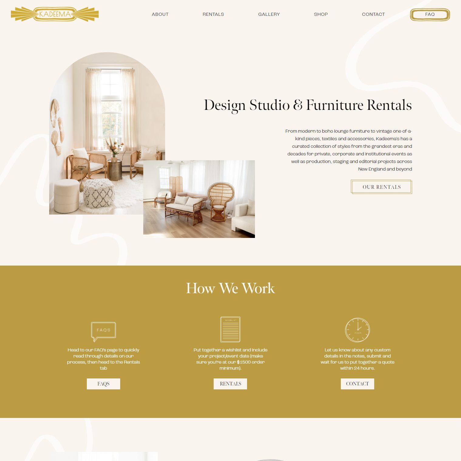 A screenshot of the home page of the Kadeema Rentals website.