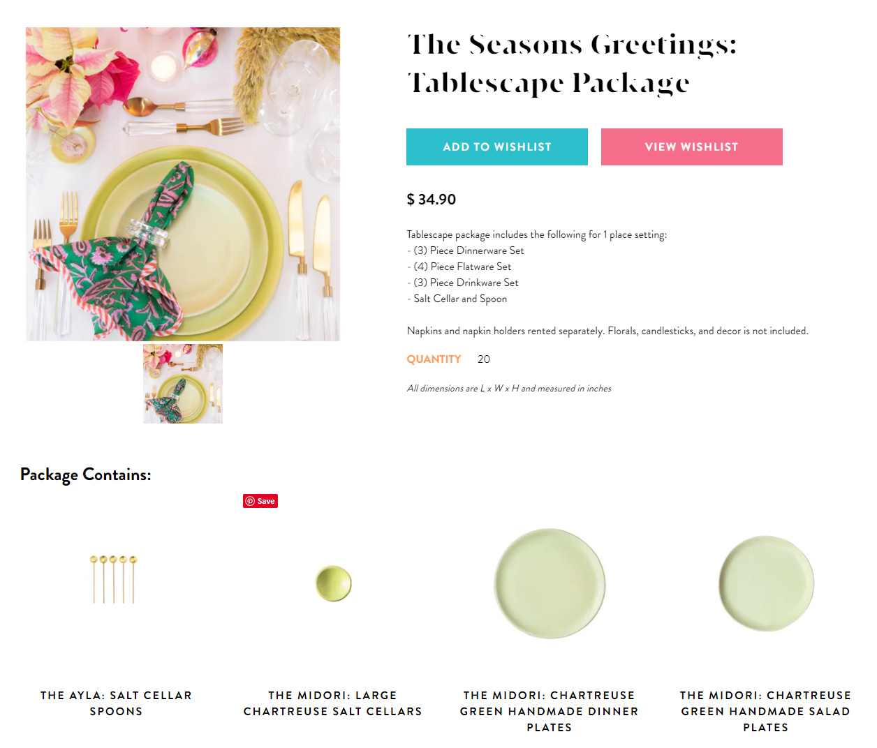 A screenshot of the rental product page on the Something Vintage Rentals website, powered by RW Elephant.