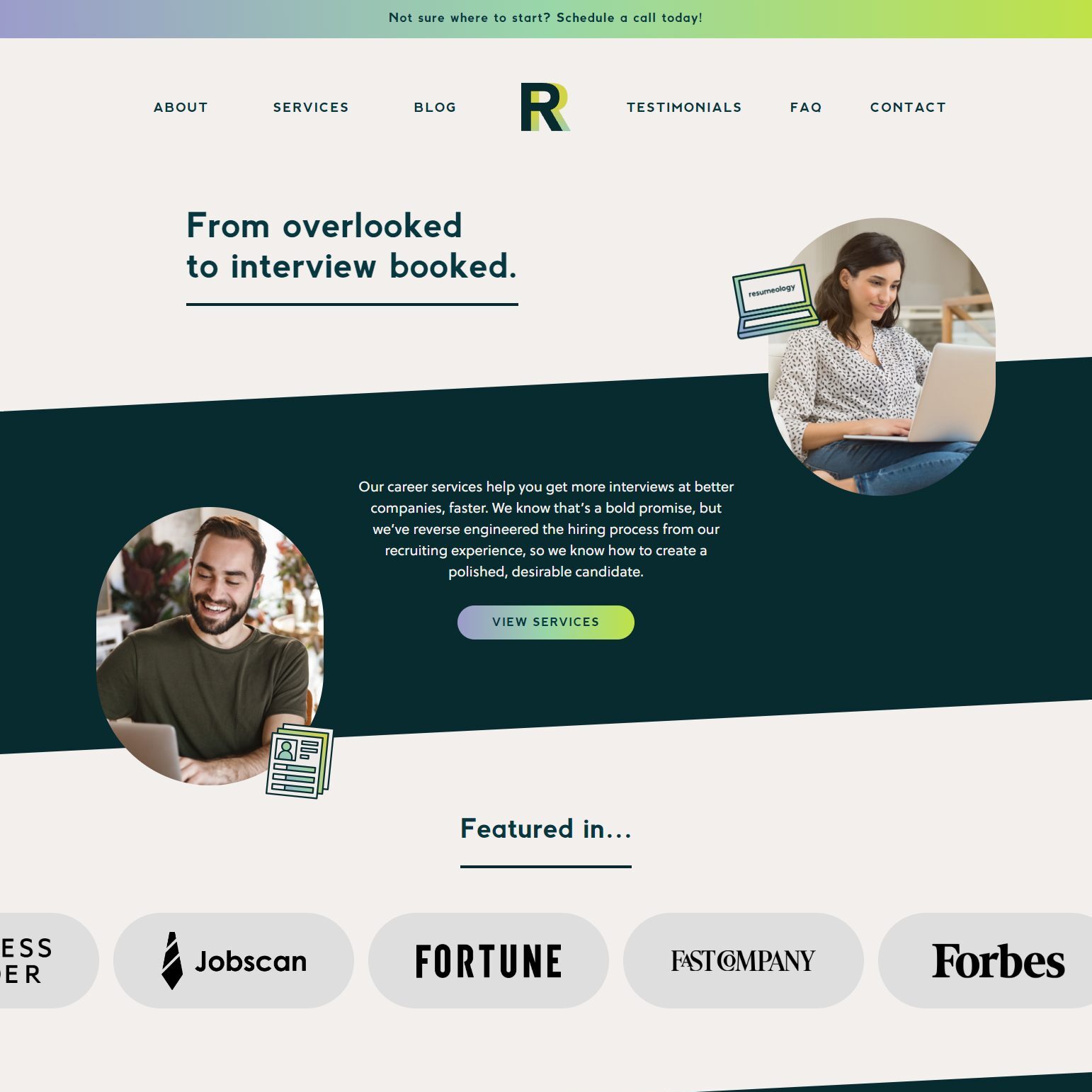 A screenshot of the home page of the Resumeology website.