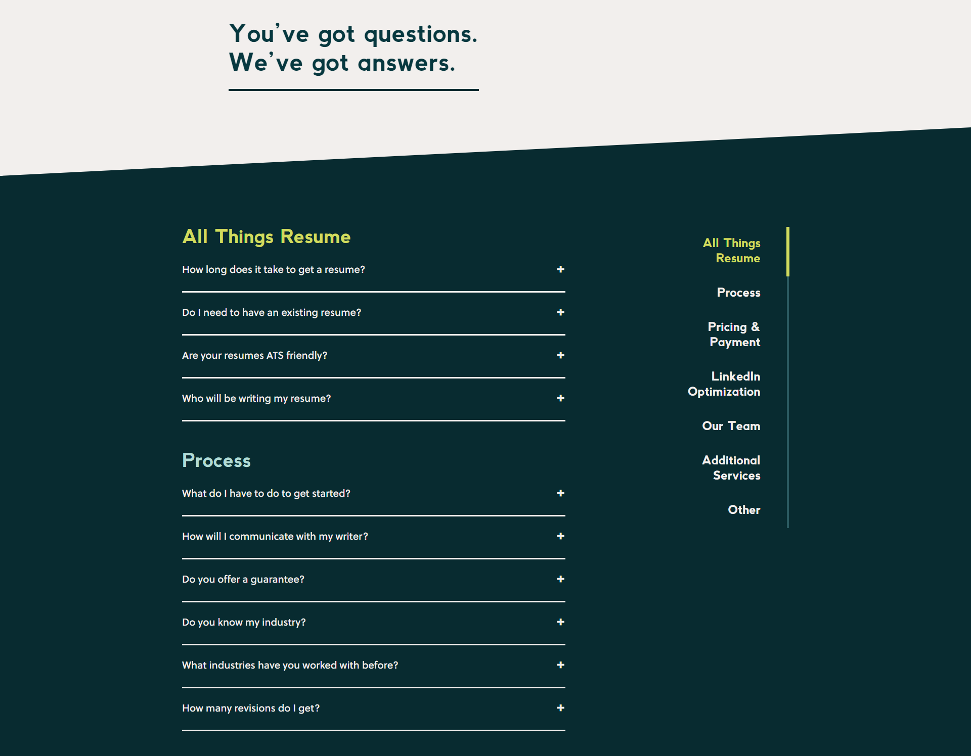 A screenshot showing the frequently asked questions (FAQ) page with links to categories.