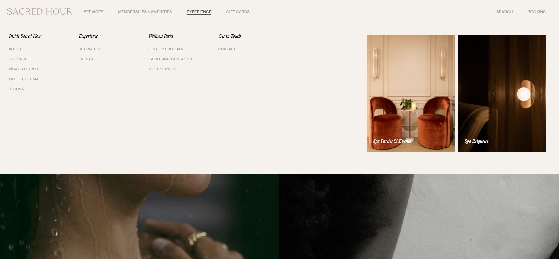 A screenshot of the mega menu on the Sacred Hour website.