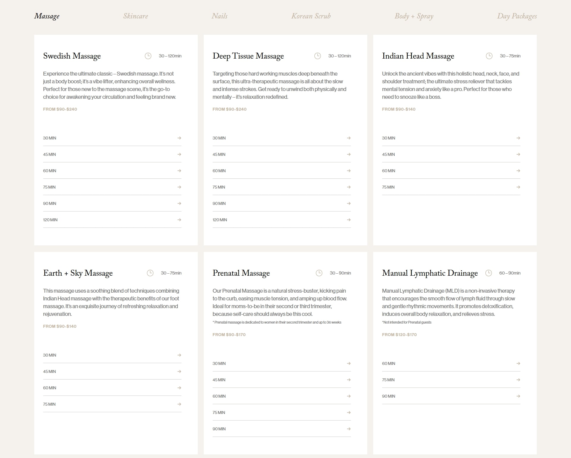 A screenshot of the services on the Services page on the Sacred Hour website.