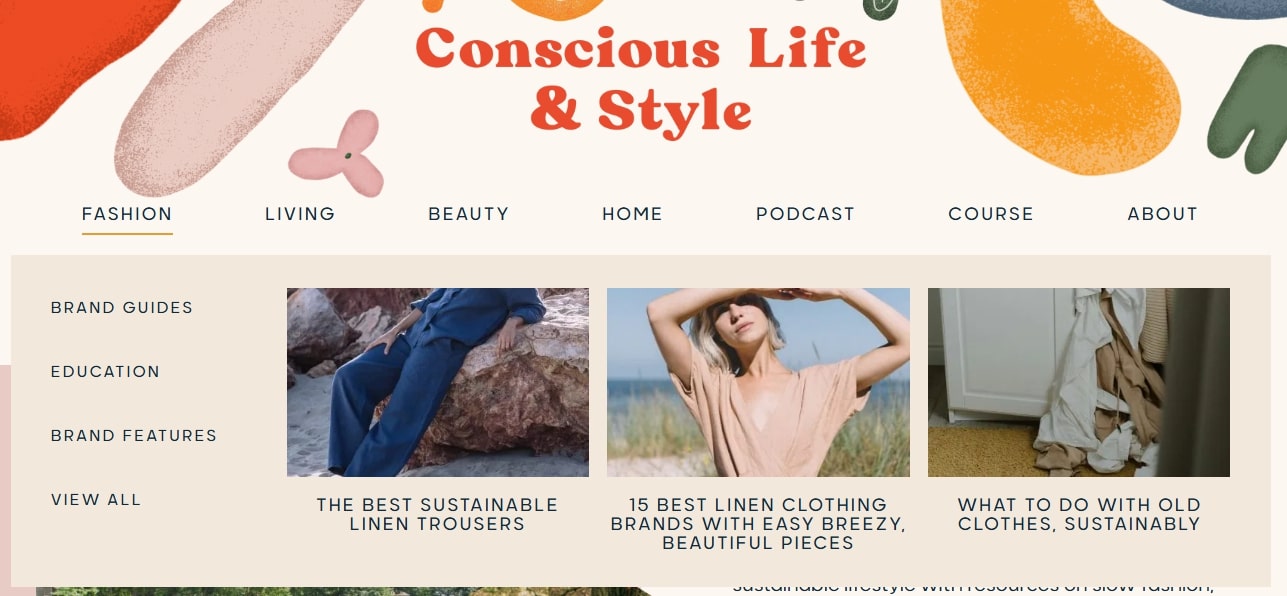 A screenshot of the mega menu featuring links to blog posts on the Conscious Life & Style website.