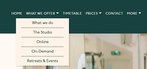 A screenshot of the dropdown menu on the Pilates East WordPress website.