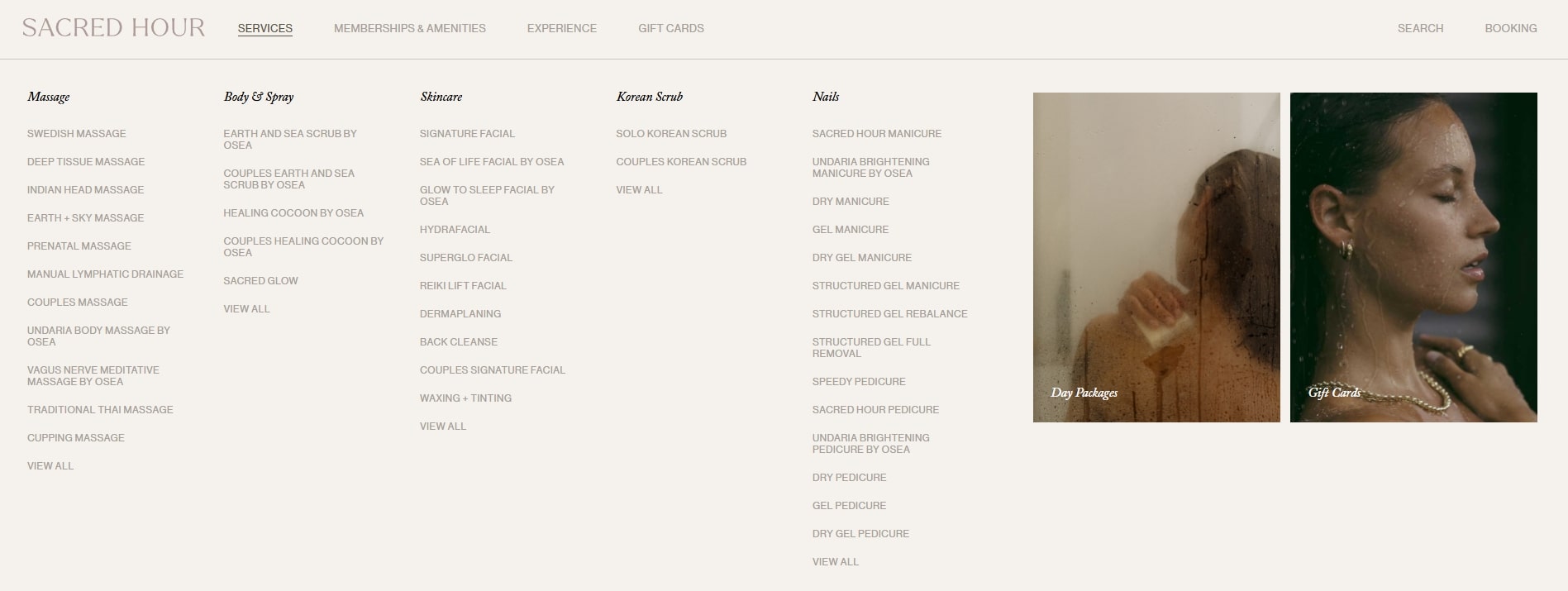 A screenshot of the Services mega menu on the Sacred Hour WordPress website.