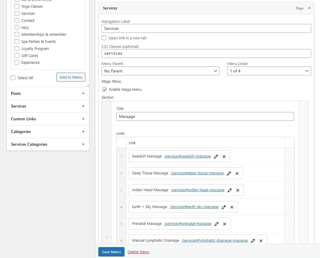 A screenshot of a the user interface of a mega menu on a WordPress website.
